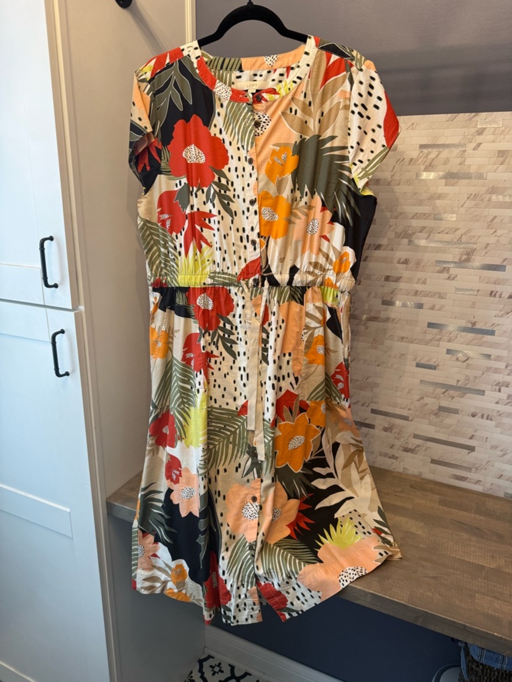 LOFT Peach and Olive Floral Button-Front Dress 14